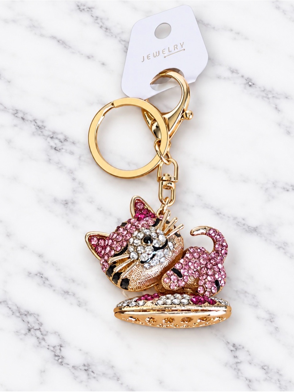 Gold Pink Crystal Cat Keychain Charm